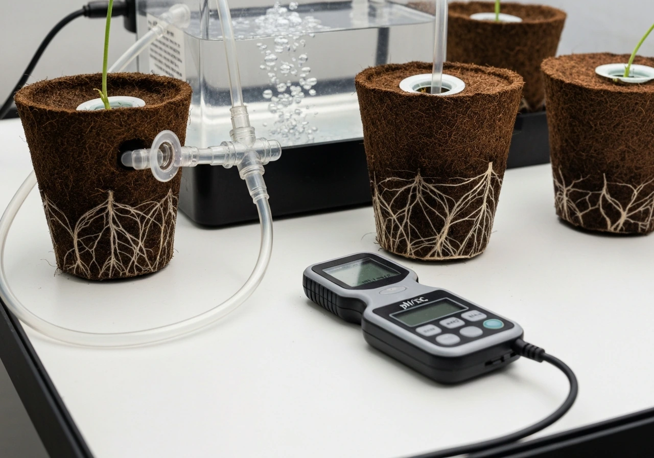 Close-up of hydroponic coco pots with clear tubing and an in-line pH/EC meter beside a nutrient reservoir