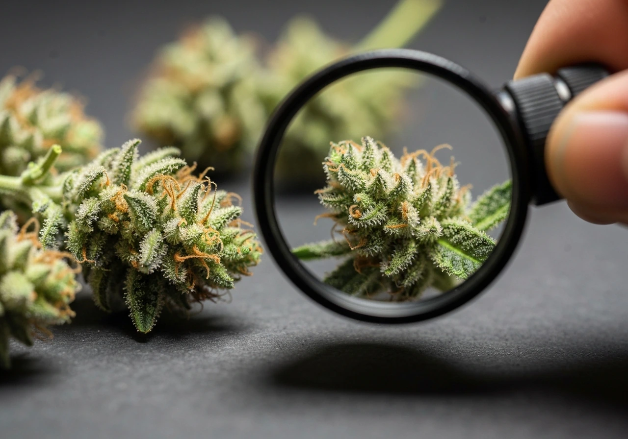 Close-up of cannabis buds and sugar leaves under a jeweler’s loupe showing clear to cloudy trichomes