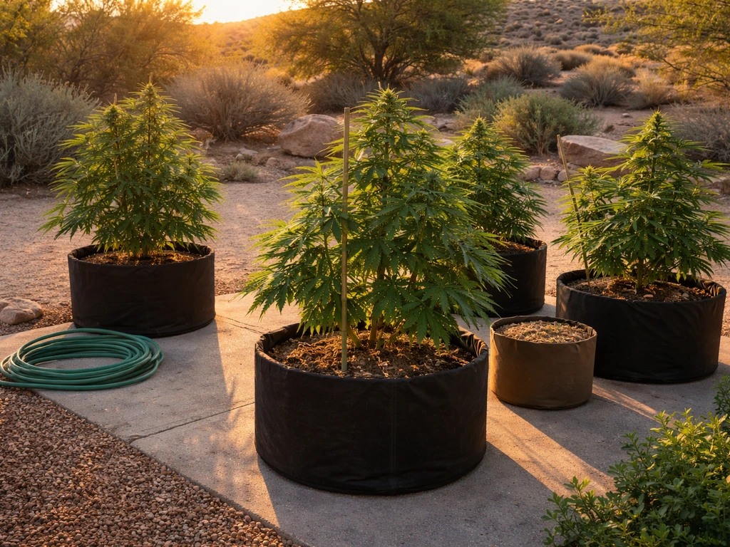 Golden-hour backyard setup with cannabis plants in containers against a desert backdrop in Arizona.