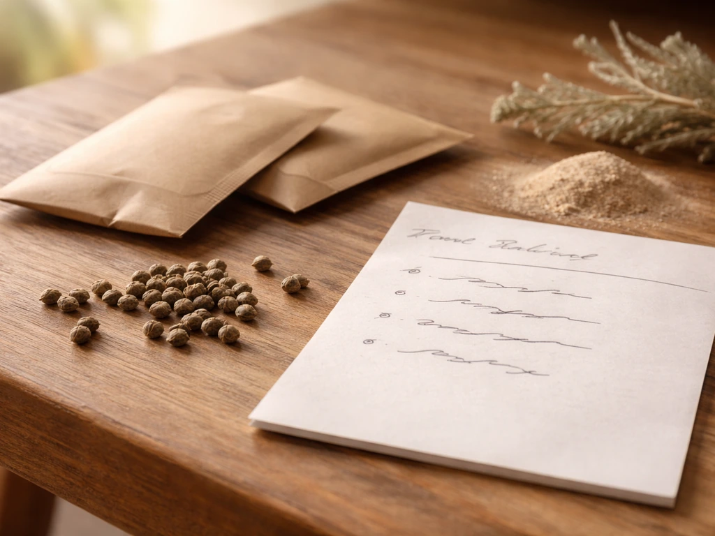 Close-up of cannabis seeds and plain packets beside a blank desert notes sheet on a wooden table.