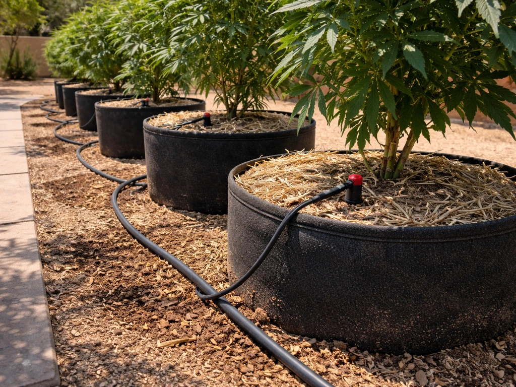 Drip irrigation tubing and emitters set among potted plants with mulch for heat management in a desert yard.