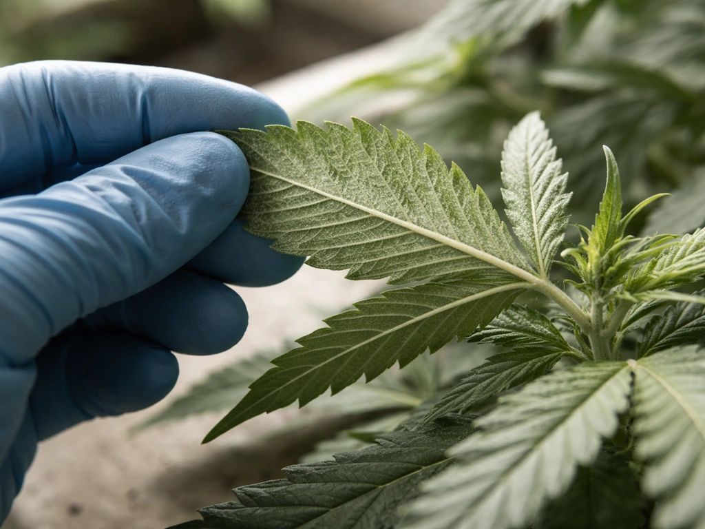 Close-up of a cannabis plant leaf underside and new growth inspected for spider mite stippling or webbing