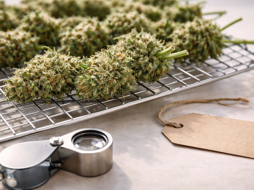 Freshly cut buds on a drying rack with a loupe nearby, showing trichome detail, minimal indoor prep scene.