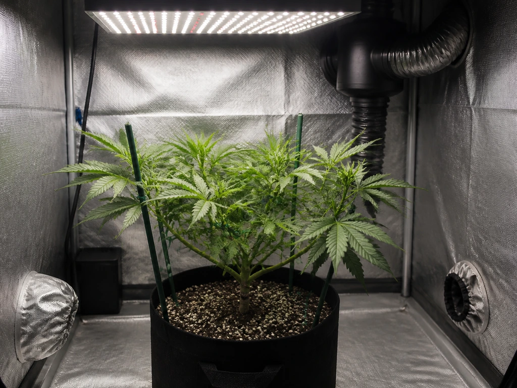 Single cannabis plant in an indoor grow tent under LED lights, minimal setup.