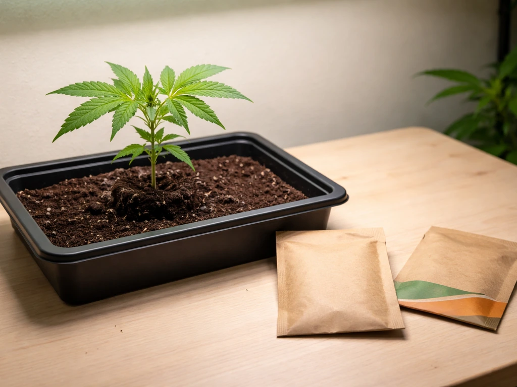 Small grow tray with a rooted clone and two generic seed packets suggesting autoflower vs photoperiod choice