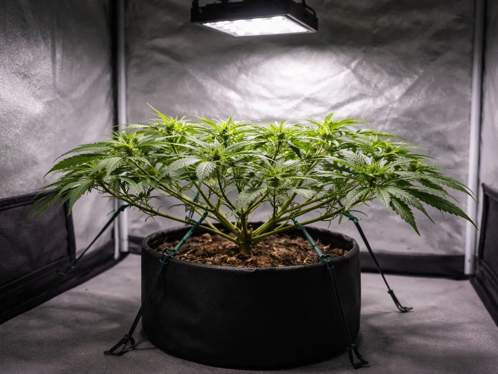 Indoor plant trained with LST ties, branches spread under an LED grow light in a minimal grow setup.