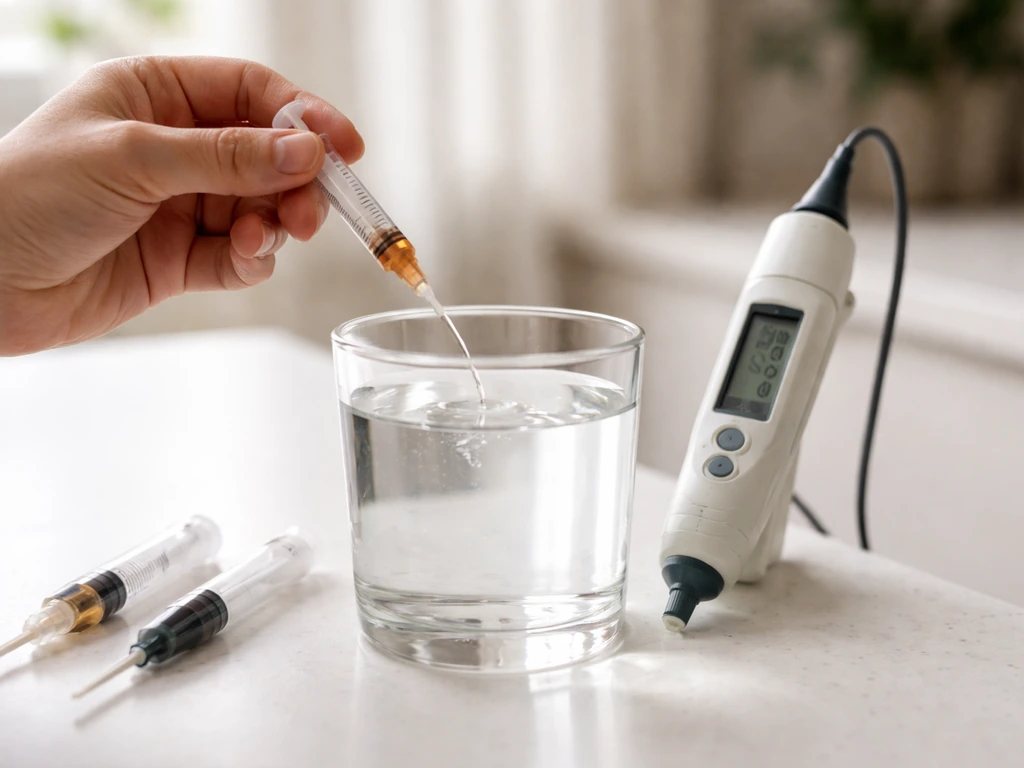 Closeup of droppers measuring NPK solution into a container of water beside a pH meter