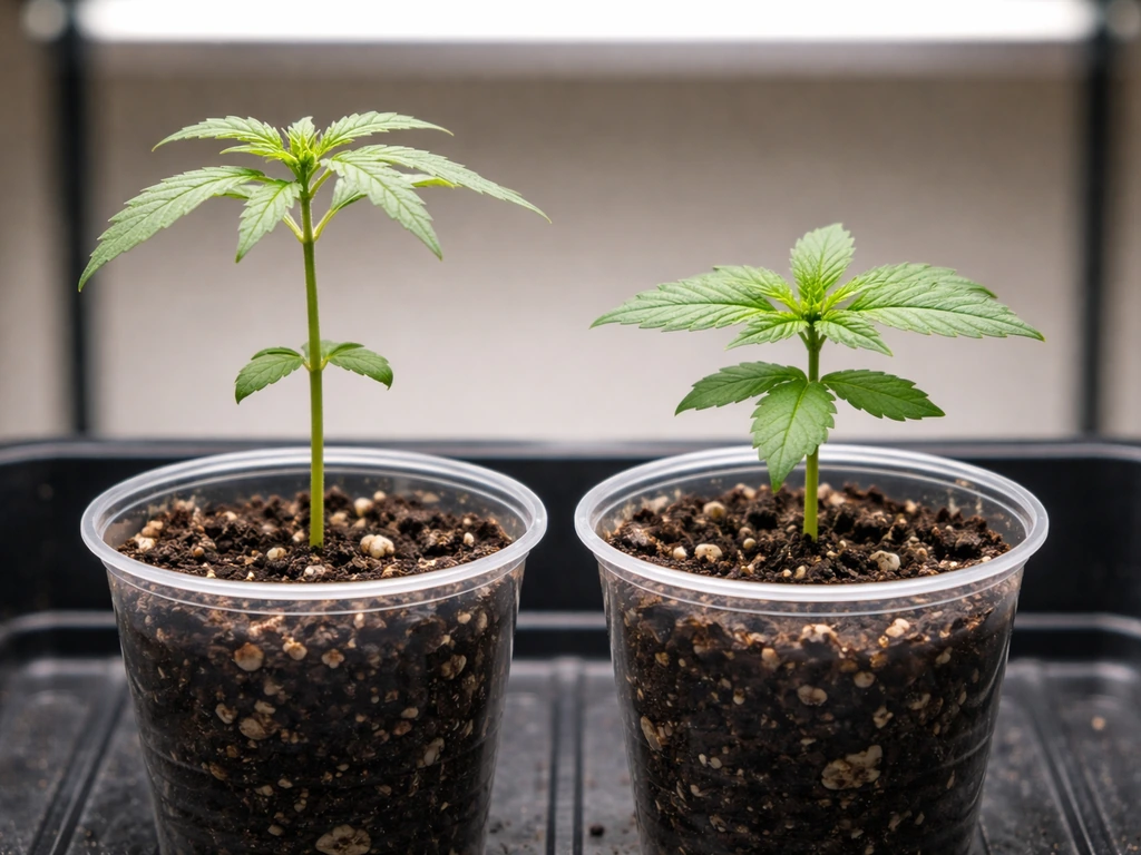 Side-by-side closeup: a stretched seedling with wide node spacing versus a compact healthy seedling.