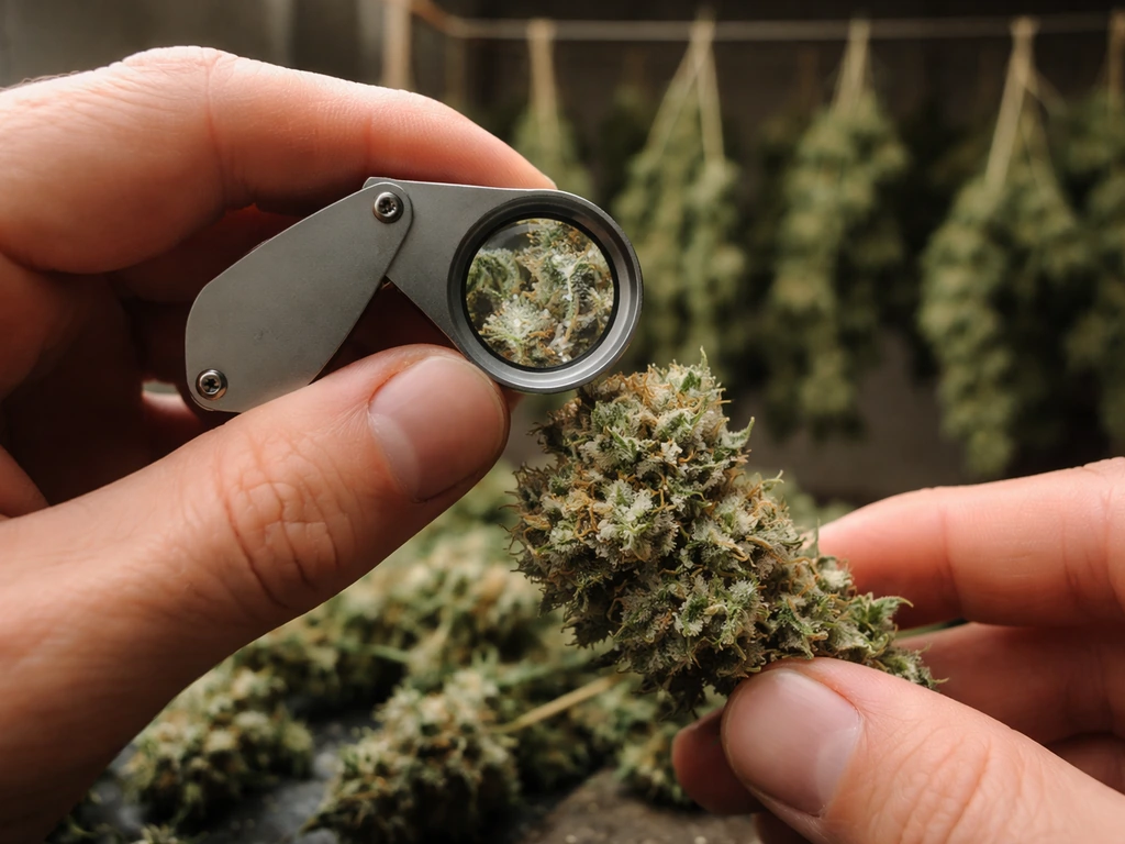 Jeweler’s loupe inspecting milky trichomes on a bud, with freshly cut branches hanging to dry in background.