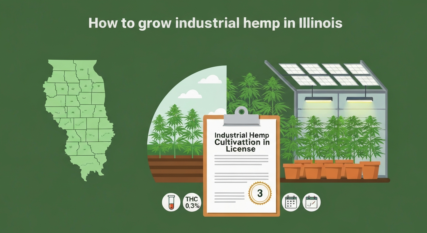 Vector infographic showing Illinois map, outdoor and indoor hemp growing scenes, and a generic cultivation license clipboard with icons for THC testing and GPS.