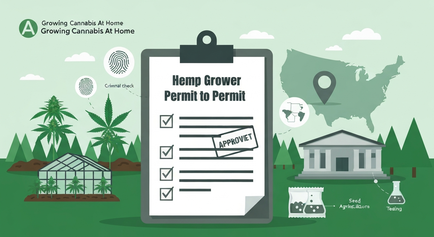 Vector illustration of hemp plants, a clipboard permit with a stamped checkmark, a GPS pin, and a state agriculture building representing the hemp grower permit process.