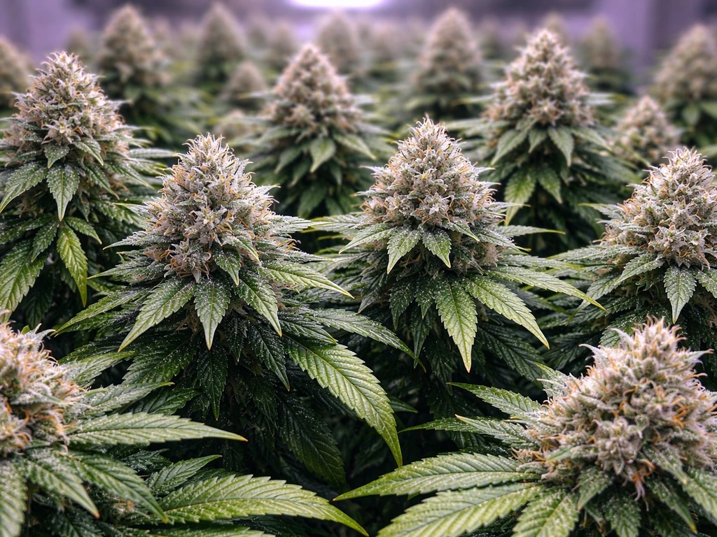 Close-up of dense cannabis buds with visible trichomes under indoor grow lights, no text.