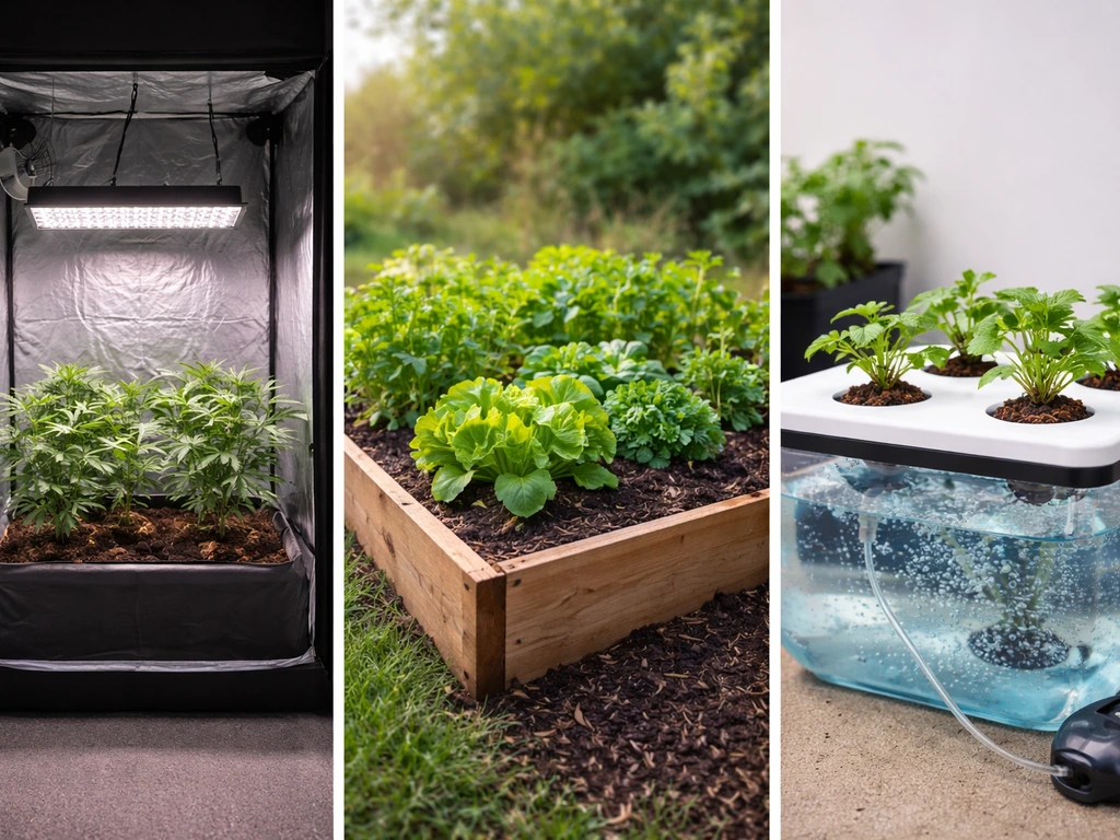 Side-by-side indoor tent, outdoor garden bed, and hydro reservoir setup with plants and an air pump