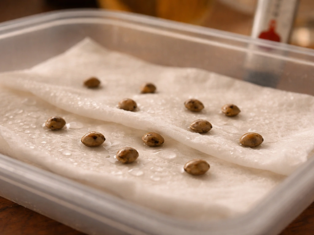 Close-up of cannabis seeds nestled between clearly damp paper towels on a tray in warm light