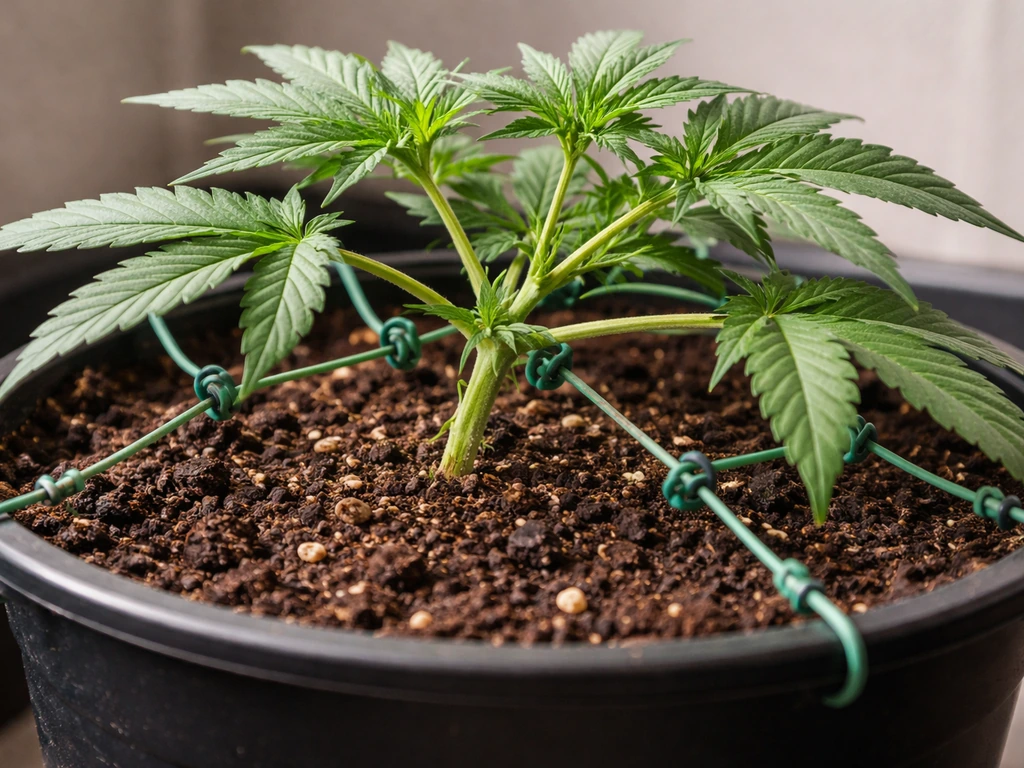 A cannabis plant being gently bent and tied for LST near the pot rim with soft plant ties and garden wire