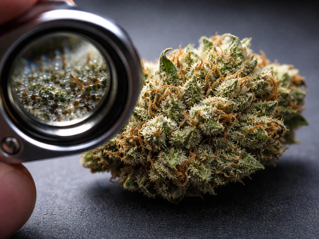 Close-up of trichomes on a cannabis bud on a dark surface, viewed through a jeweler’s loupe.