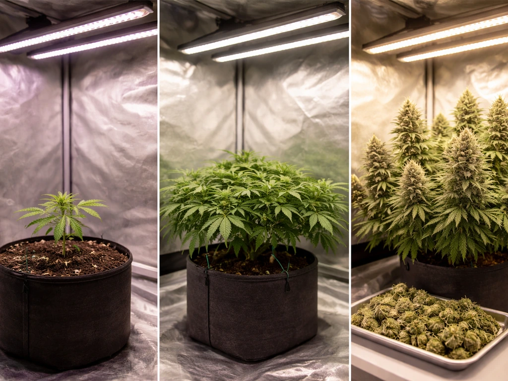 Indoor grow setup showing progression from seedling to leafy canopy to flowering buds and harvested buds.