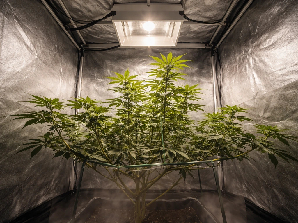 Canopy-level view inside a grow tent showing vertical clearance and trained plants under grow lights.