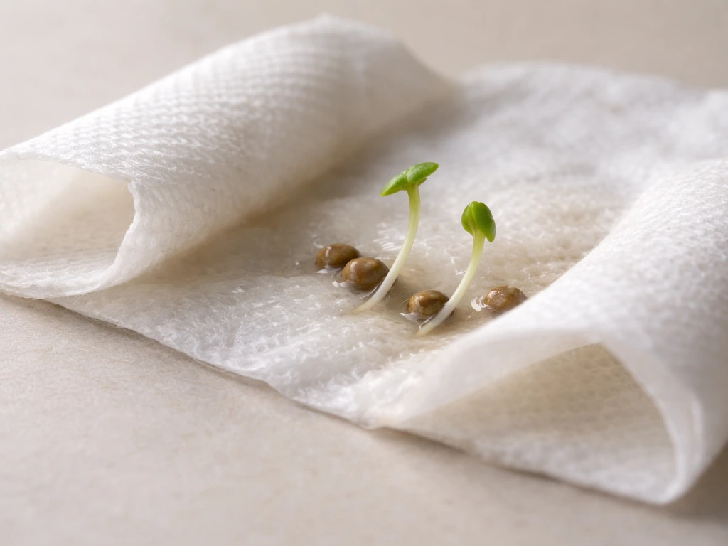 Close-up of damp paper towels holding sprouting seeds in a simple germination setup