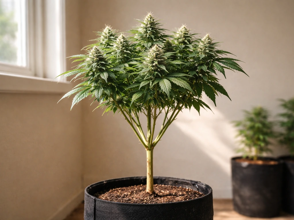 Lollipopped flowering cannabis plant with lower leaves and branches removed, upper buds exposed
