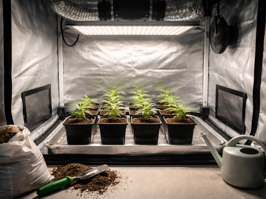 Indoor grow tent with LED lighting and healthy cannabis seedlings in small pots, no people.