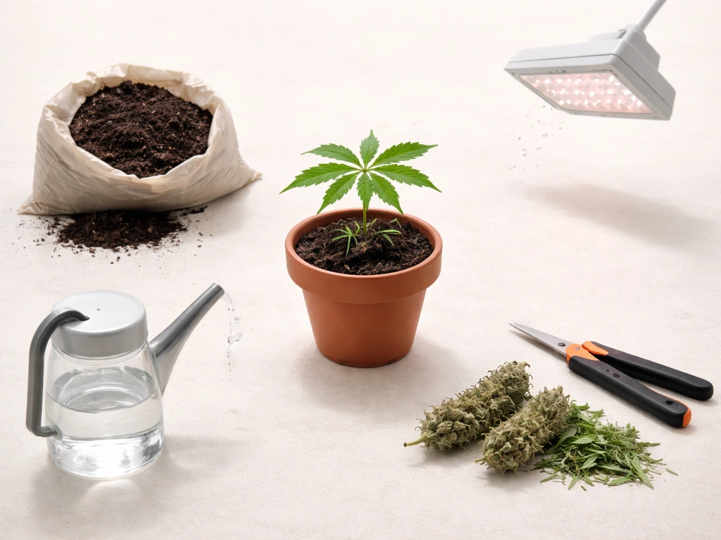 Minimal photo of a tabletop with cannabis-cultivation checklist objects: soil, small plant, watering can, grow light, an