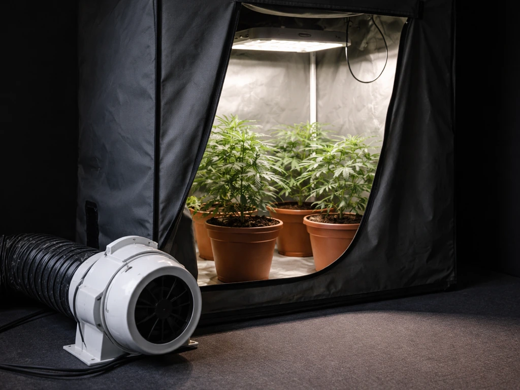 Close-up of an indoor grow tent with soil pots, LED light, and a small intake/exhaust fan