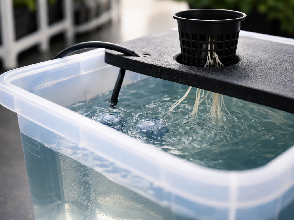 Close-up of a hydroponic nutrient reservoir with air stones and an empty net pot, roots-in-water system setup