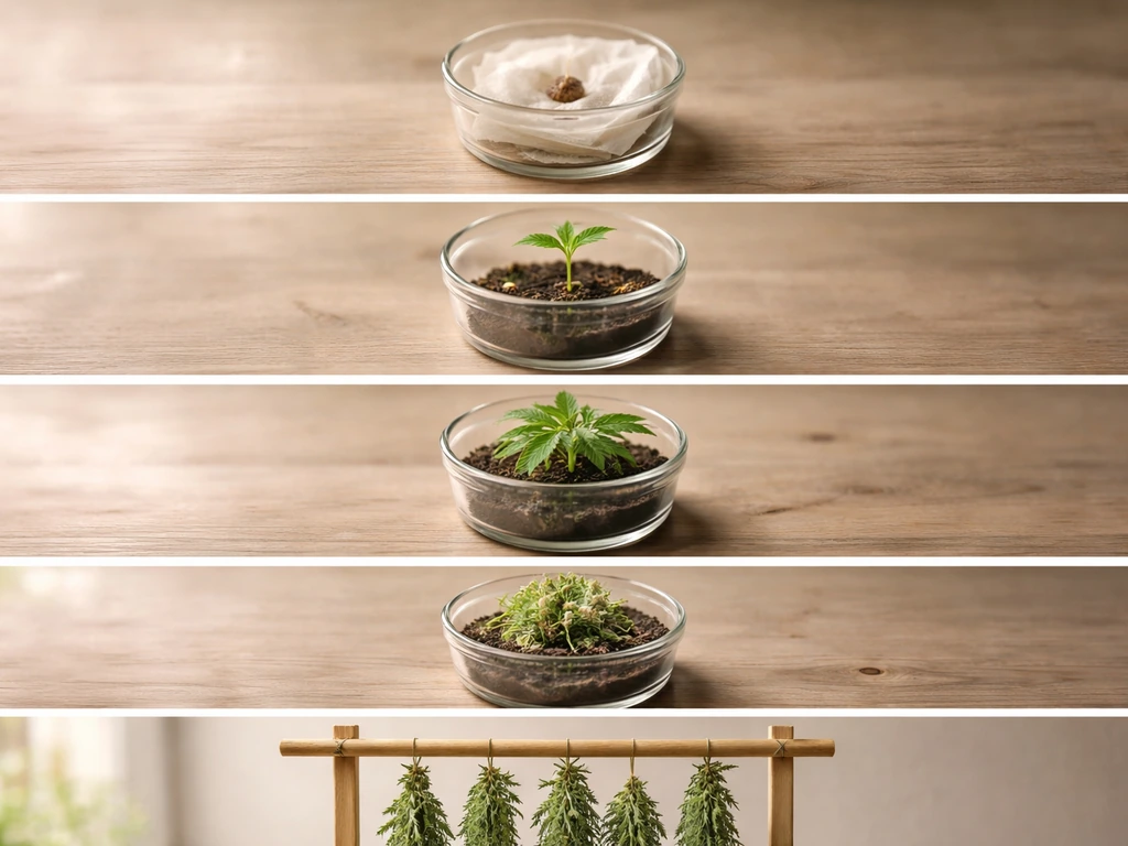 Minimal vertical set of containers showing seed germination through flowering and hanging harvest to cure.