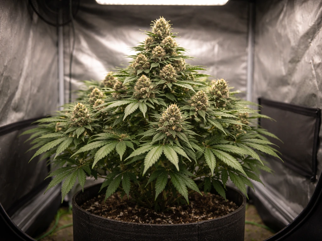 Indoor grow tent with an OG Kush plant in mid-flower under LED light, dense buds and tight canopy.
