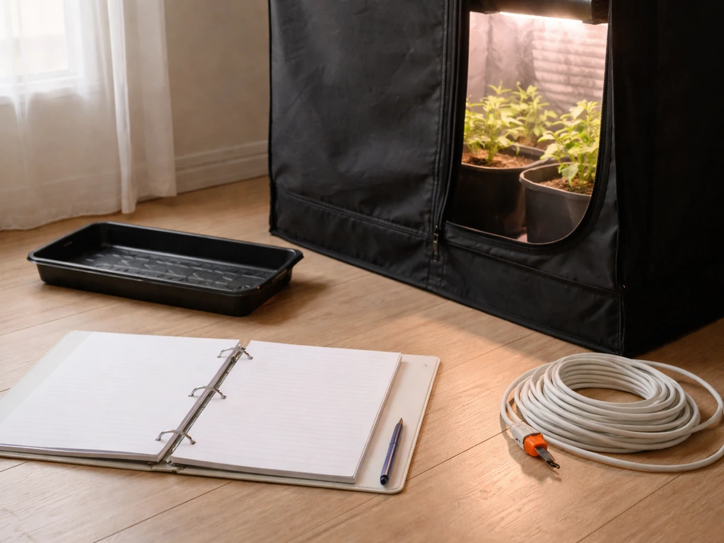 Open binder and blank paperwork beside a small grow tent with simple indoor gear.