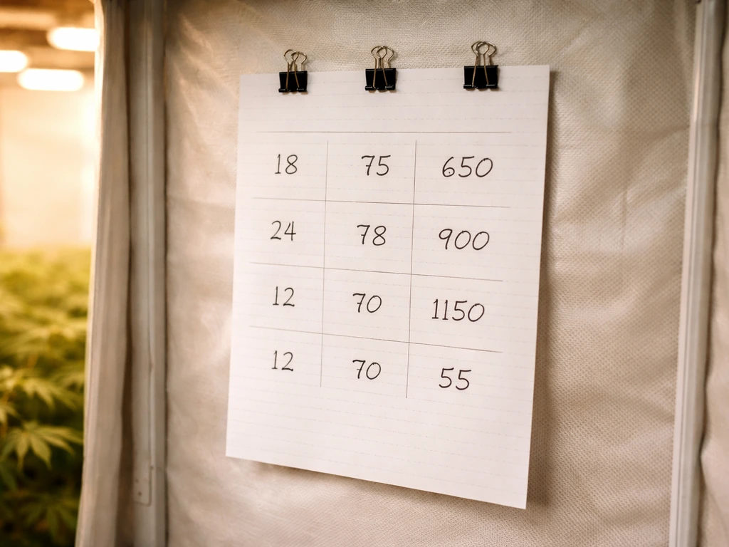 Close-up of a grow tent wall with a small environment target sheet pinned neatly and clearly visible