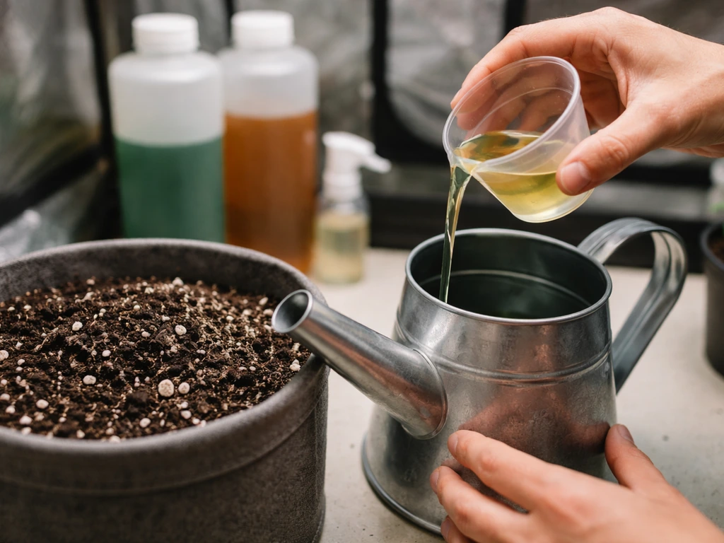 Close-up hands measuring and pouring nutrient solution into a watering can over a soil-filled pot
