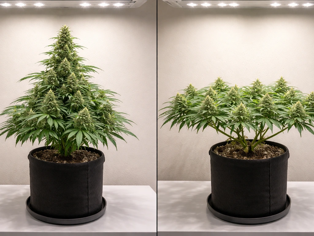 Two potted cannabis plants side-by-side: untrained upright vs LST trained low horizontal canopy under grow lights.