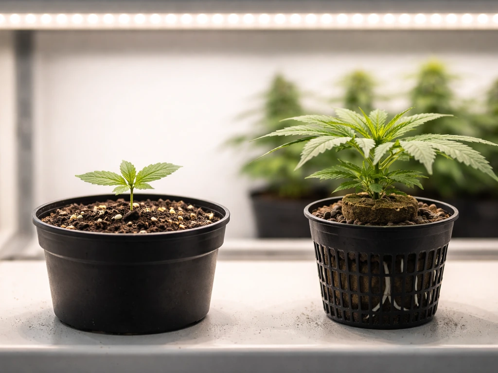Side-by-side close-ups of a cannabis seedling and a rooted clone in simple indoor grow setups.