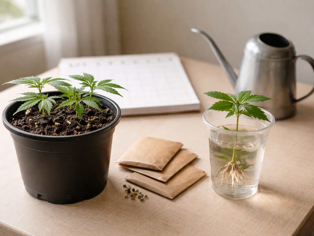 Minimal home grow setup with soil, seedling, and a small watering can beside an empty calendar page