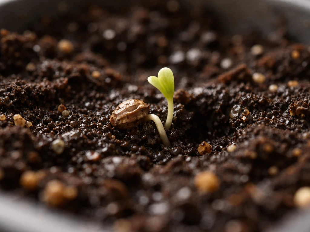 Macro close-up of a seed germinating in moist soil with taproot emerging and cotyledons breaking through.
