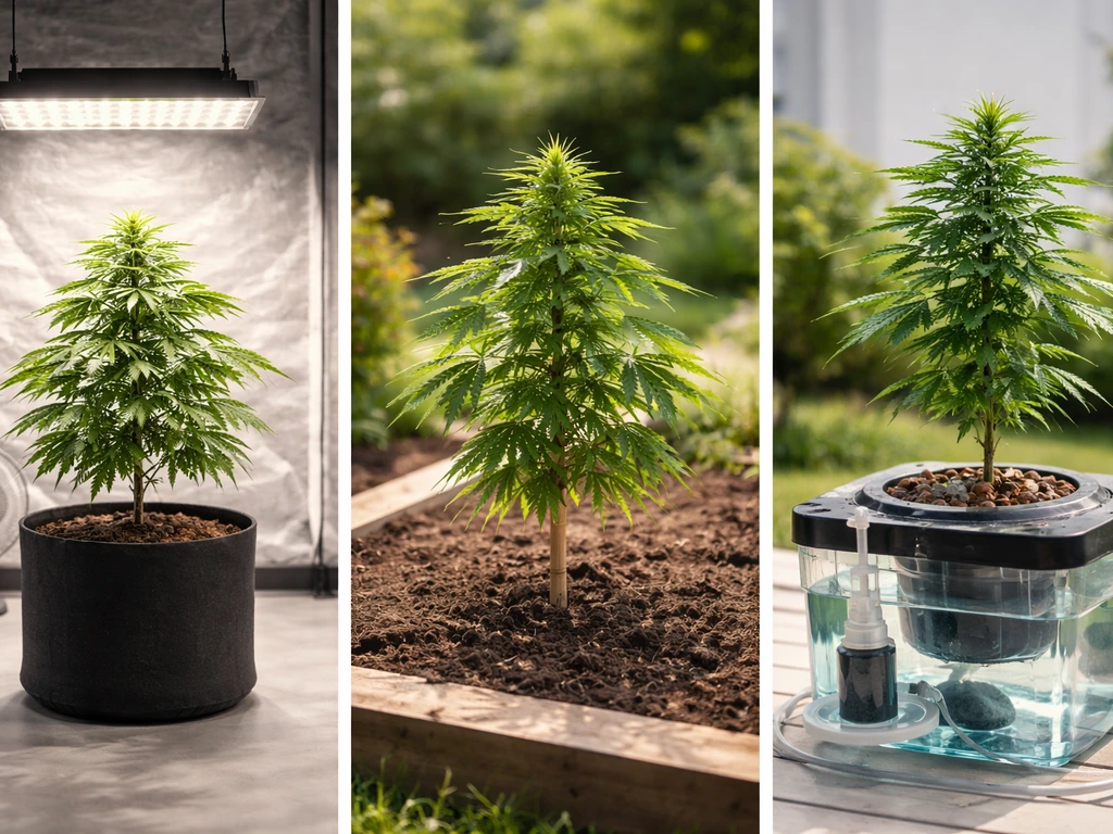 Three setups in one frame: indoor LED-lit plant, outdoor plant in soil, and hydroponic plant by a reservoir.