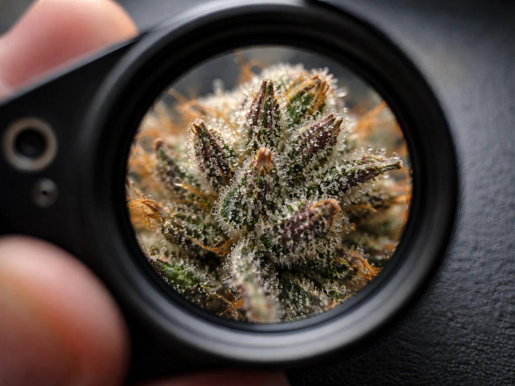 Macro close-up of a cannabis bud showing clear-to-amber trichomes with a loupe view.