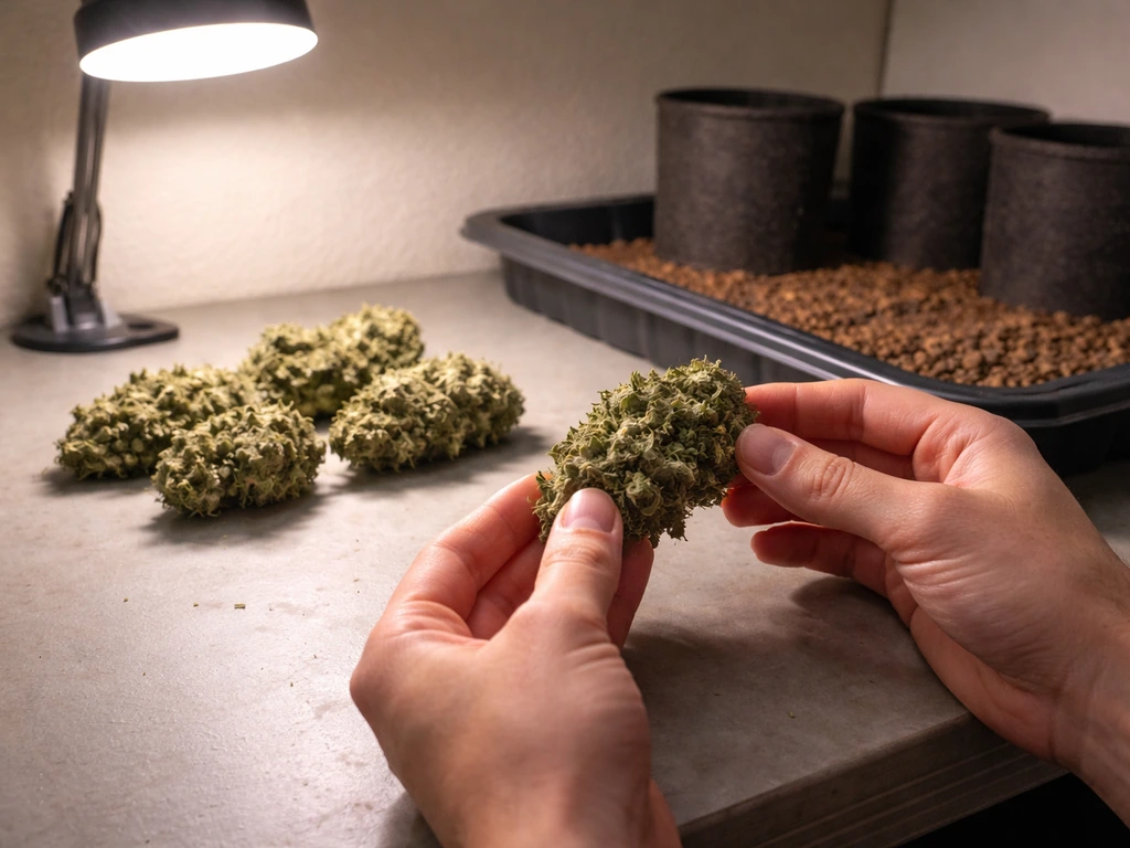 Hands gently holding dried cannabis buds above a minimalist indoor grow table with soft daylight.