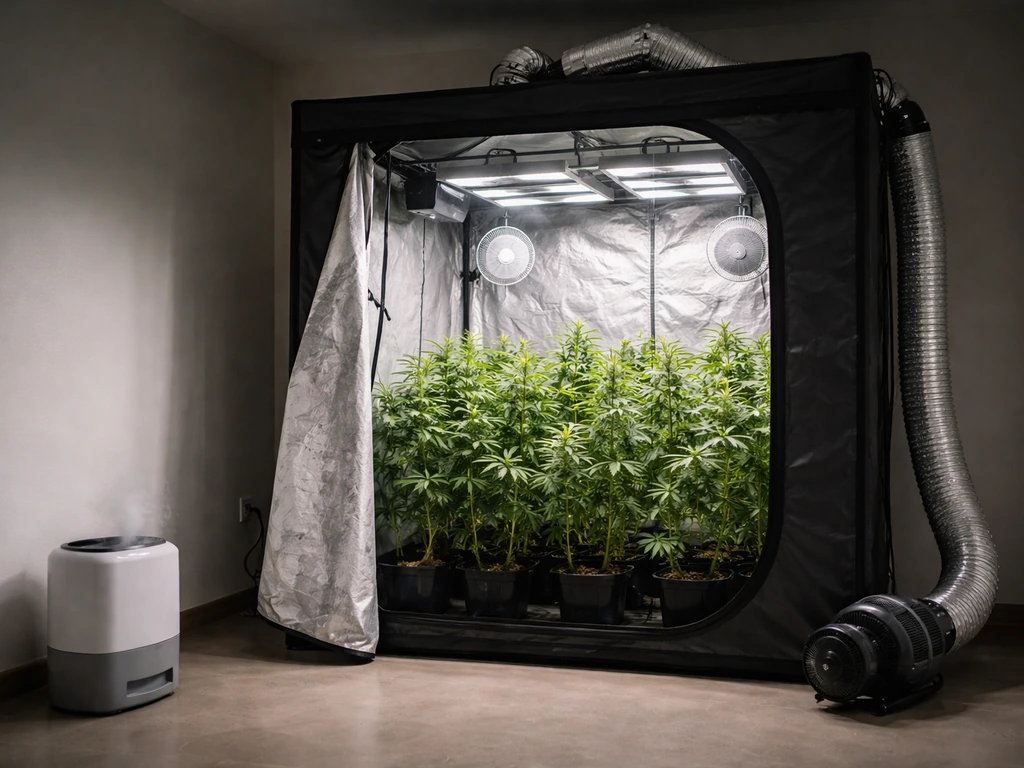 Indoor cannabis grow tent with LED lights, fans, and a tidy controlled-environment setup