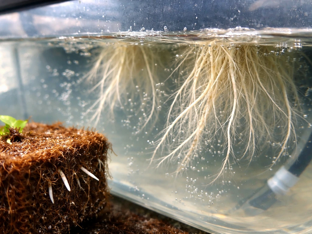 Close-up of hydroponic roots in nutrient water with bubbles and a coco coir growing medium nearby.