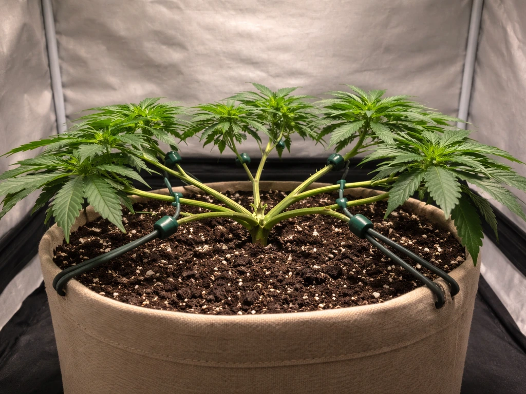 Single cannabis plant under low-stress training, tied down to spread and fill the canopy indoors.