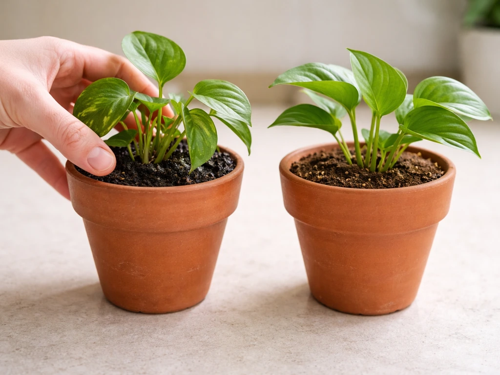 Two potted plants side by side: one wilted from overwatering, one healthy after correct watering, with pots showing diff