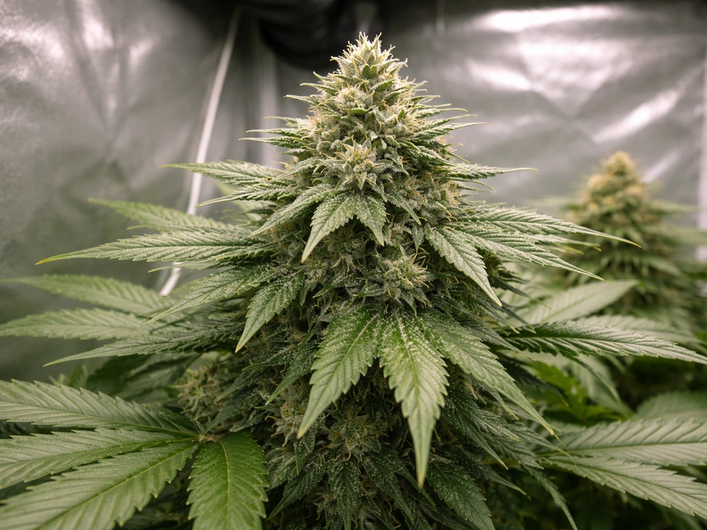 Thriving mid-flower cannabis plant with frosty buds inside an LED-lit indoor grow tent