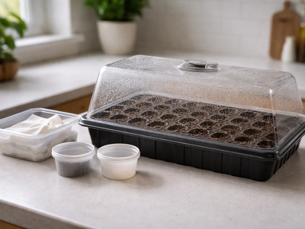 Seedling tray on a counter with premoistened cups, moist paper towels, and a closed humidity dome