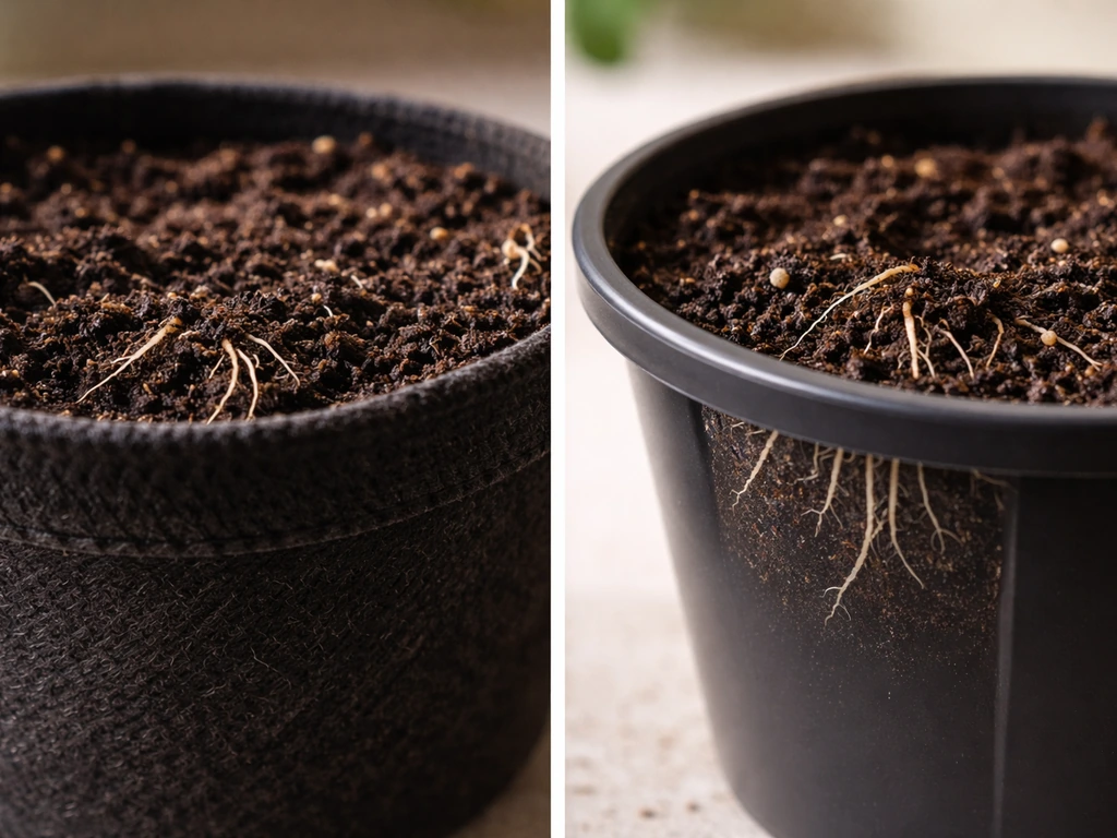Closeup comparison of a fabric air-pruning pot and a plastic pot with soil and roots