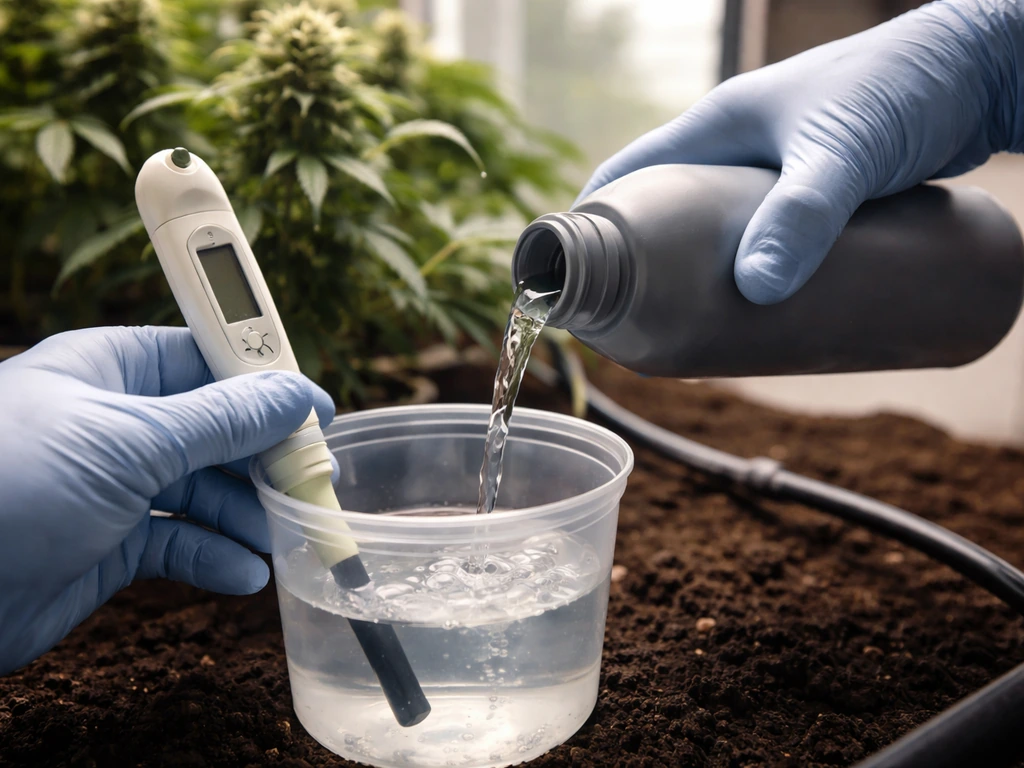 Gloved hands using an EC/pH meter and pouring nutrient solution for flowering plants in a grow room.