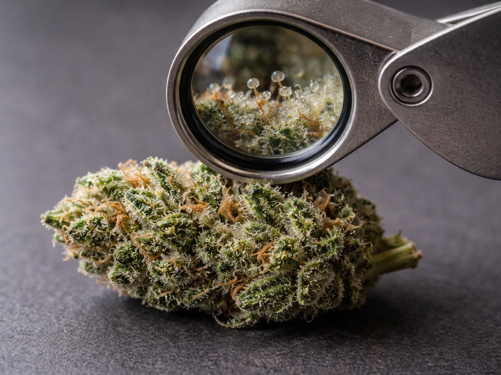 Close-up of cannabis bud under jeweler’s loupe showing cloudy trichomes texture, natural outdoor light.