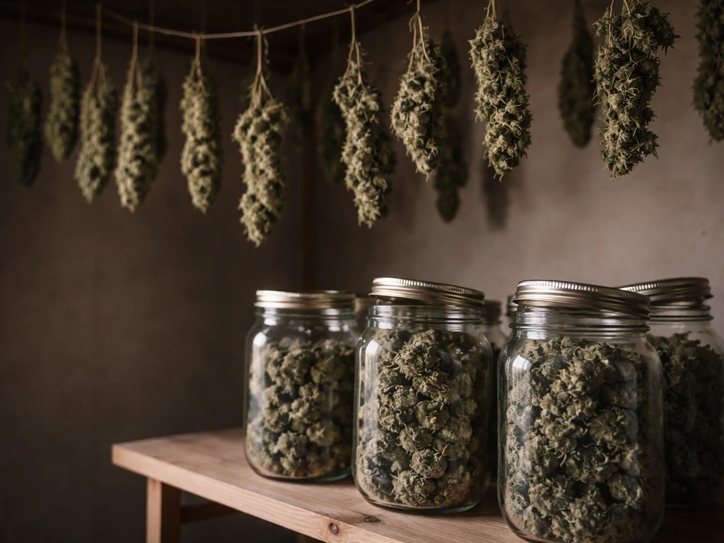 Dark room branches hanging to dry, with mason jars holding buds nearby for curing.